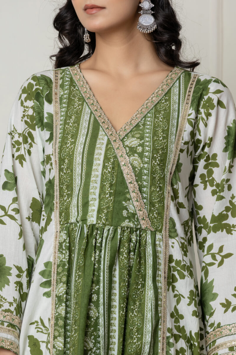 Green & White Floral Printed A-Line Cotton Suit Set with Dupatta - Image 2