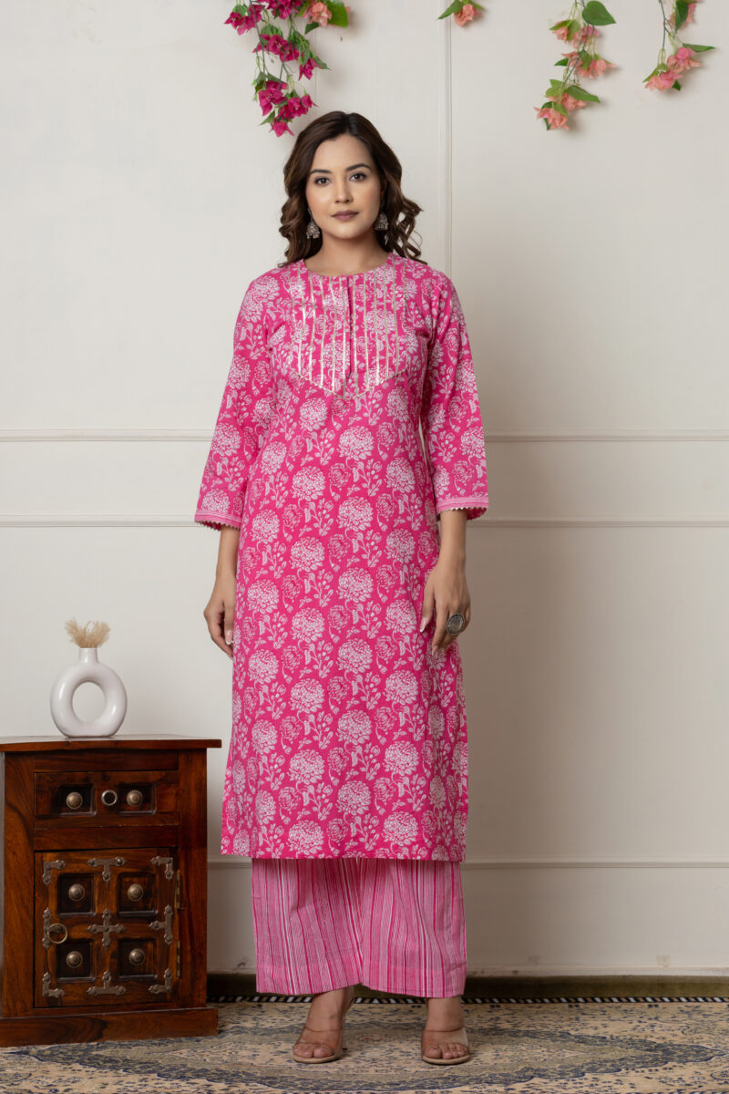 Pink Floral Printed Cotton Suit Set with Dupatta - Image 7