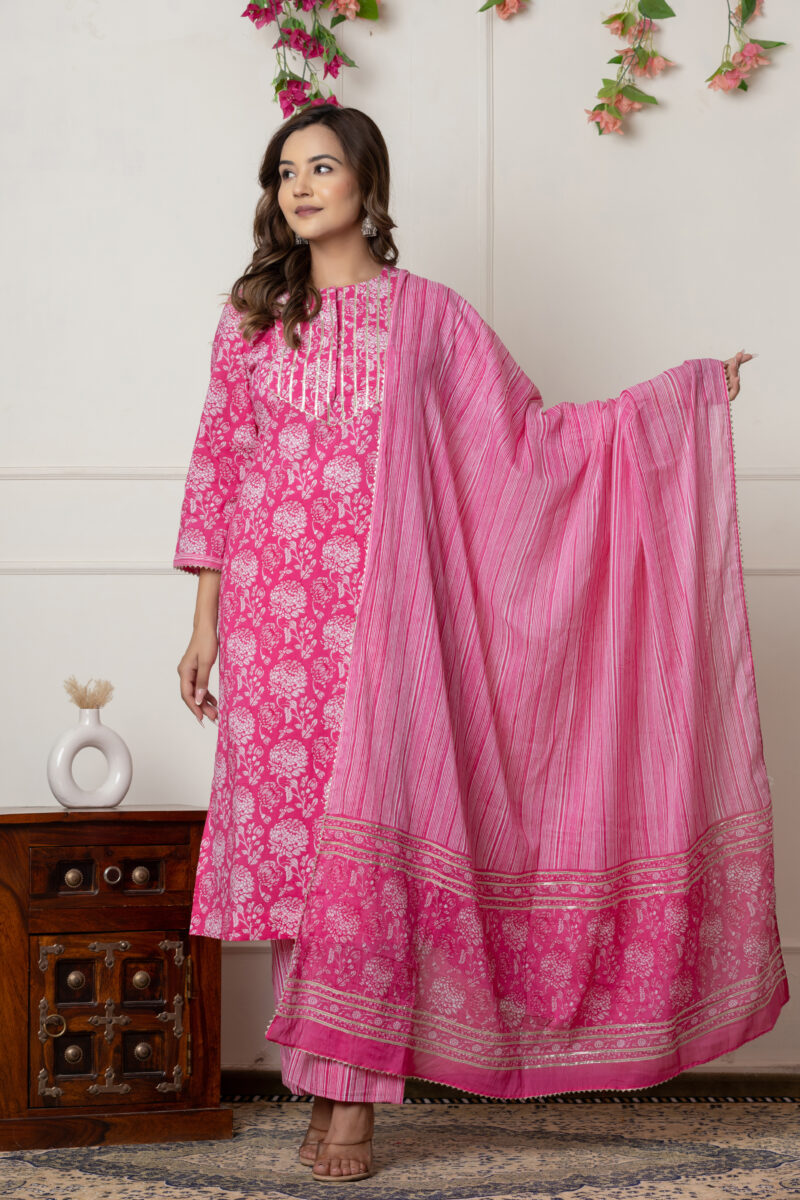 Pink Floral Printed Cotton Suit Set with Dupatta - Image 6