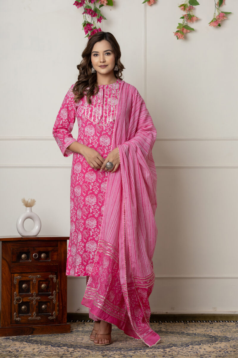Pink Floral Printed Cotton Suit Set with Dupatta - Image 5