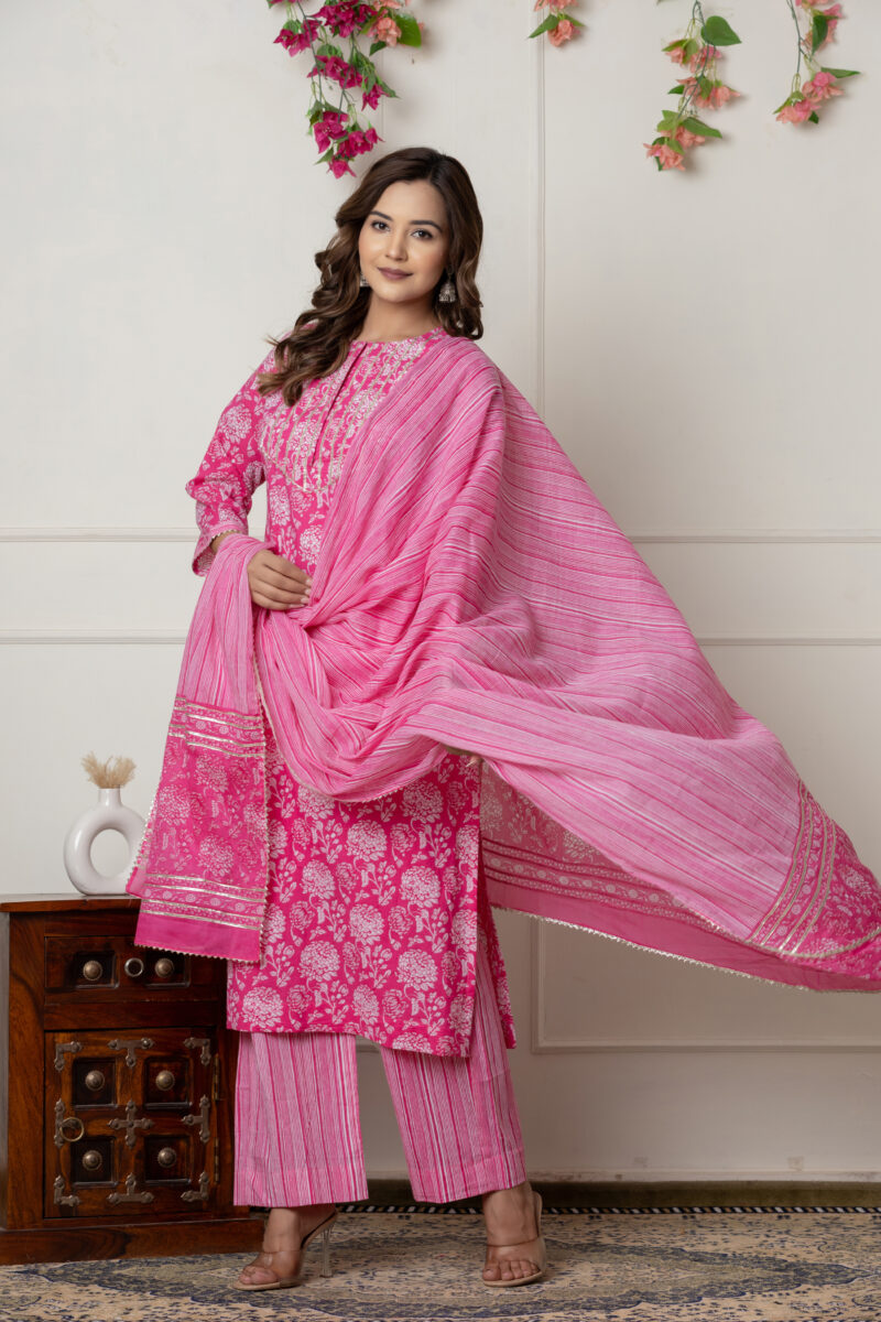 Pink Floral Printed Cotton Suit Set with Dupatta - Wholesale Garments
