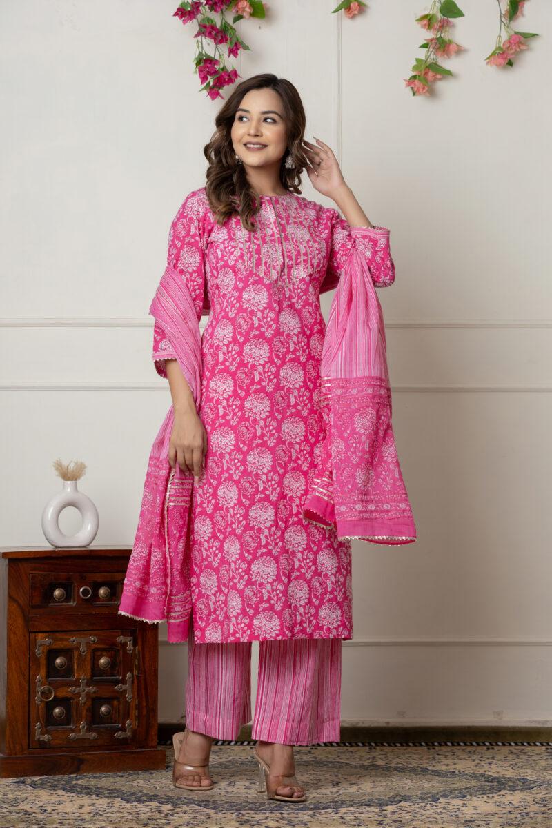 Pink Floral Printed Cotton Suit Set with Dupatta - Image 3
