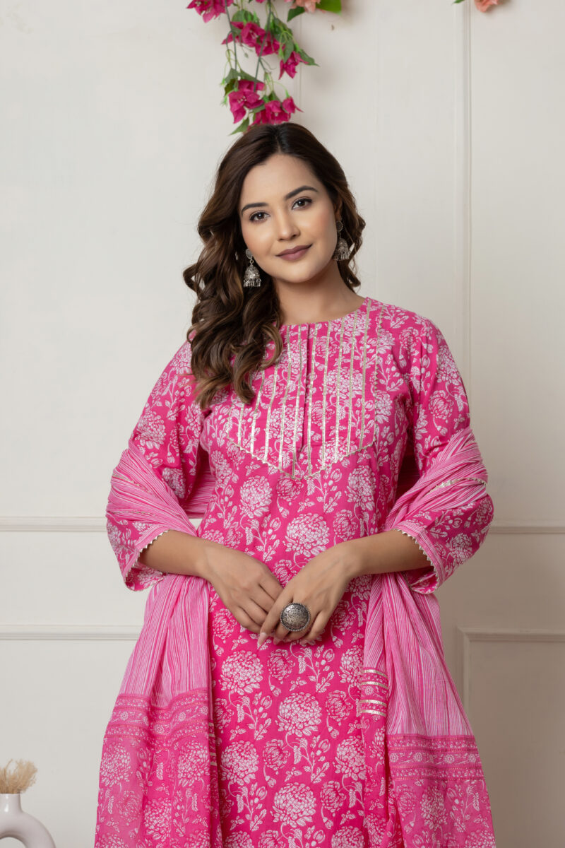 Pink Floral Printed Cotton Suit Set with Dupatta - Image 2