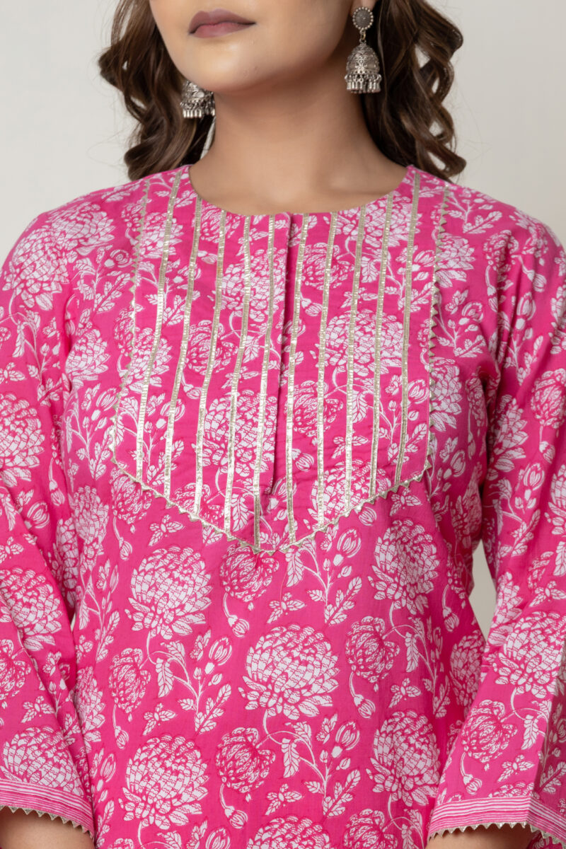 Pink Floral Printed Cotton Suit Set with Dupatta - Image 8