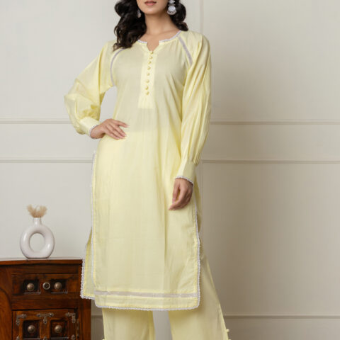 Lemon Yellow 2-Piece Cotton Ensemble with Lace Detailing - Wholesale Garments