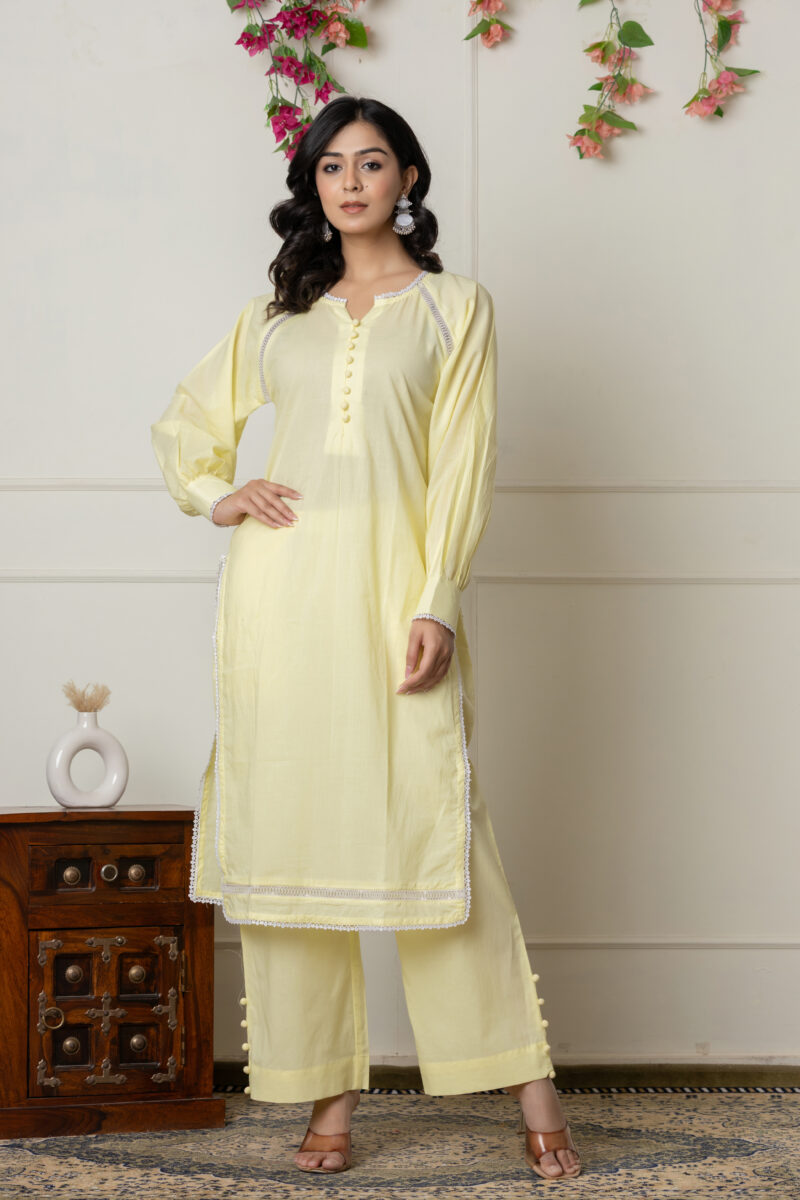 Lemon Yellow 2-Piece Cotton Ensemble with Lace Detailing - Wholesale Garments