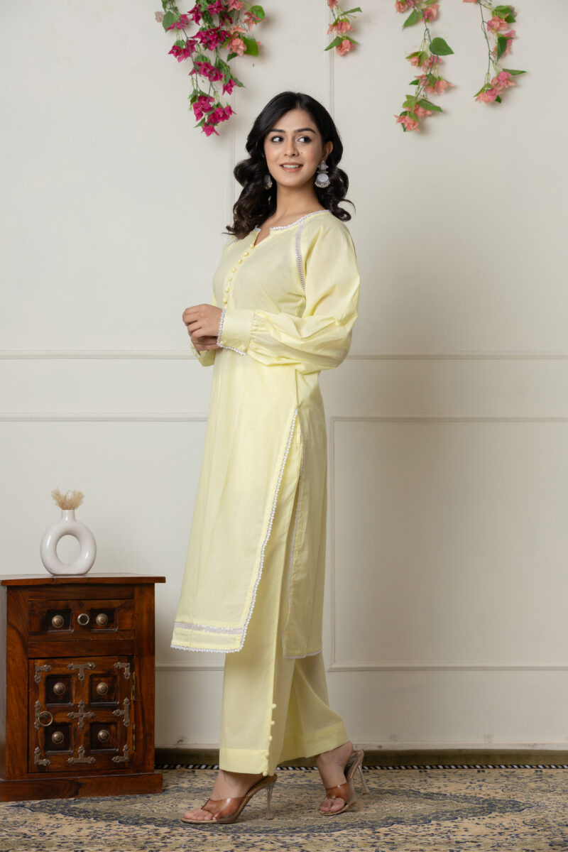 Lemon Yellow 2-Piece Cotton Ensemble with Lace Detailing - Image 5