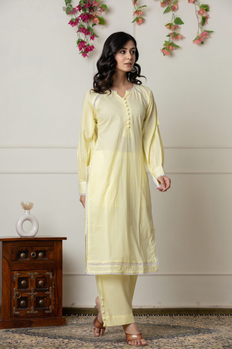 Lemon Yellow 2-Piece Cotton Ensemble with Lace Detailing - Image 4