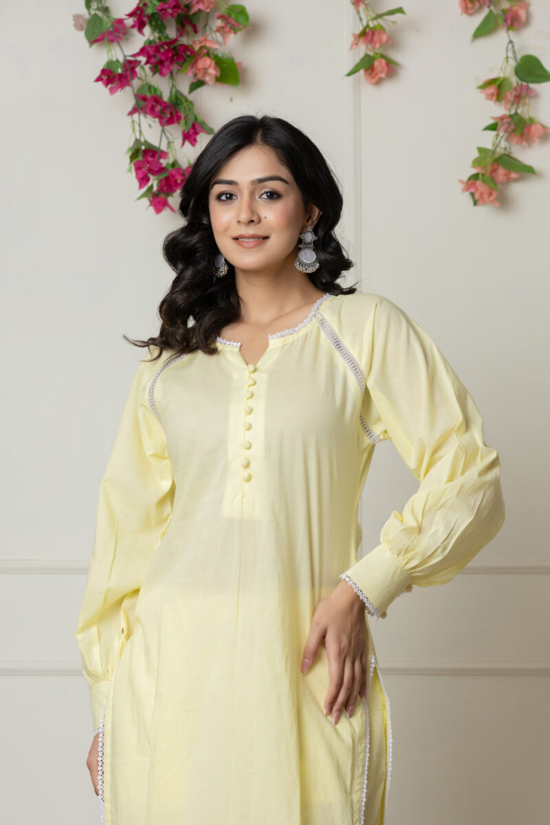 Lemon Yellow 2-Piece Cotton Ensemble with Lace Detailing - Image 2