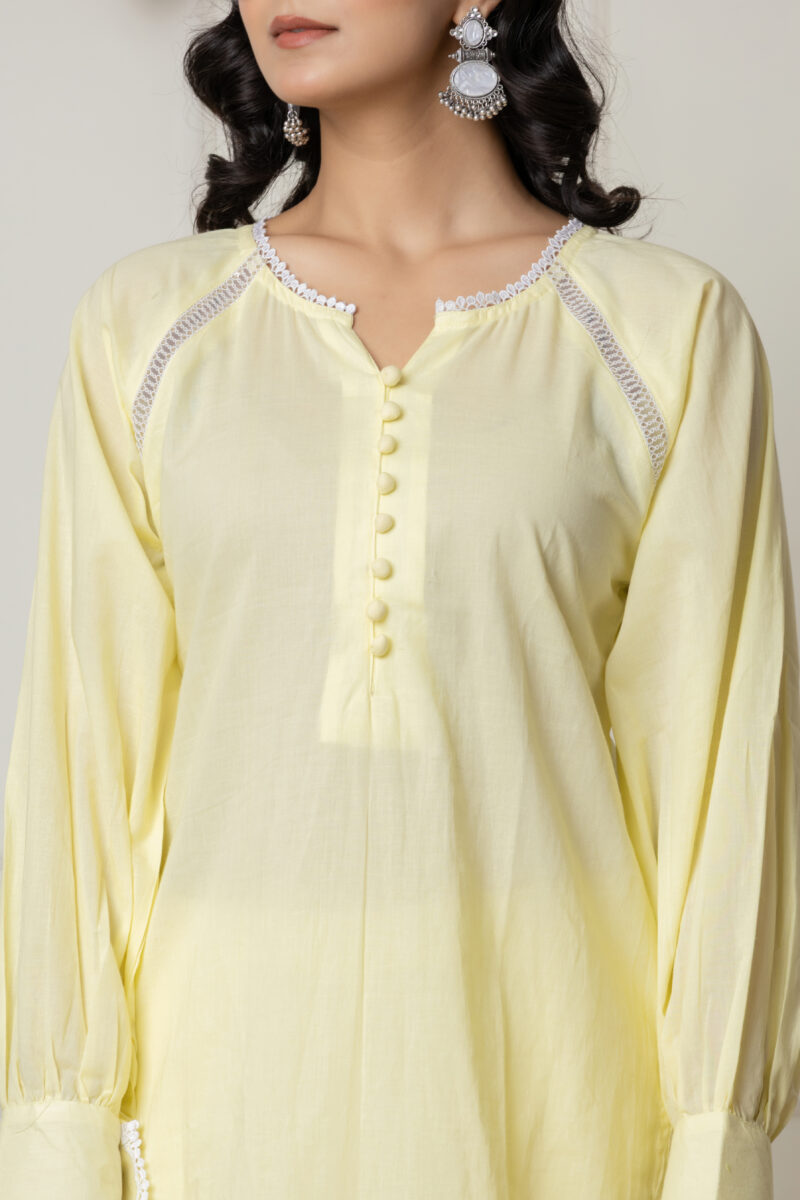 Lemon Yellow 2-Piece Cotton Ensemble with Lace Detailing - Image 3