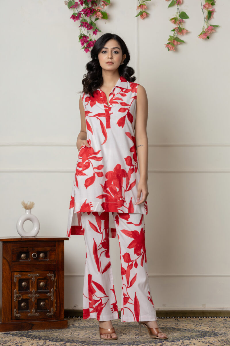 Red & White Floral Printed Sleeveless Co-Ord Set - Image 3