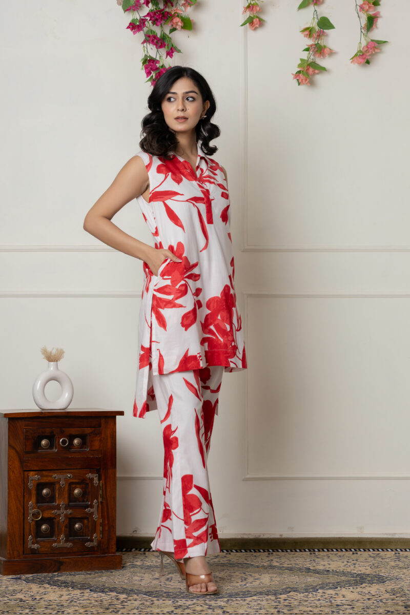Red & White Floral Printed Sleeveless Co-Ord Set - Image 2
