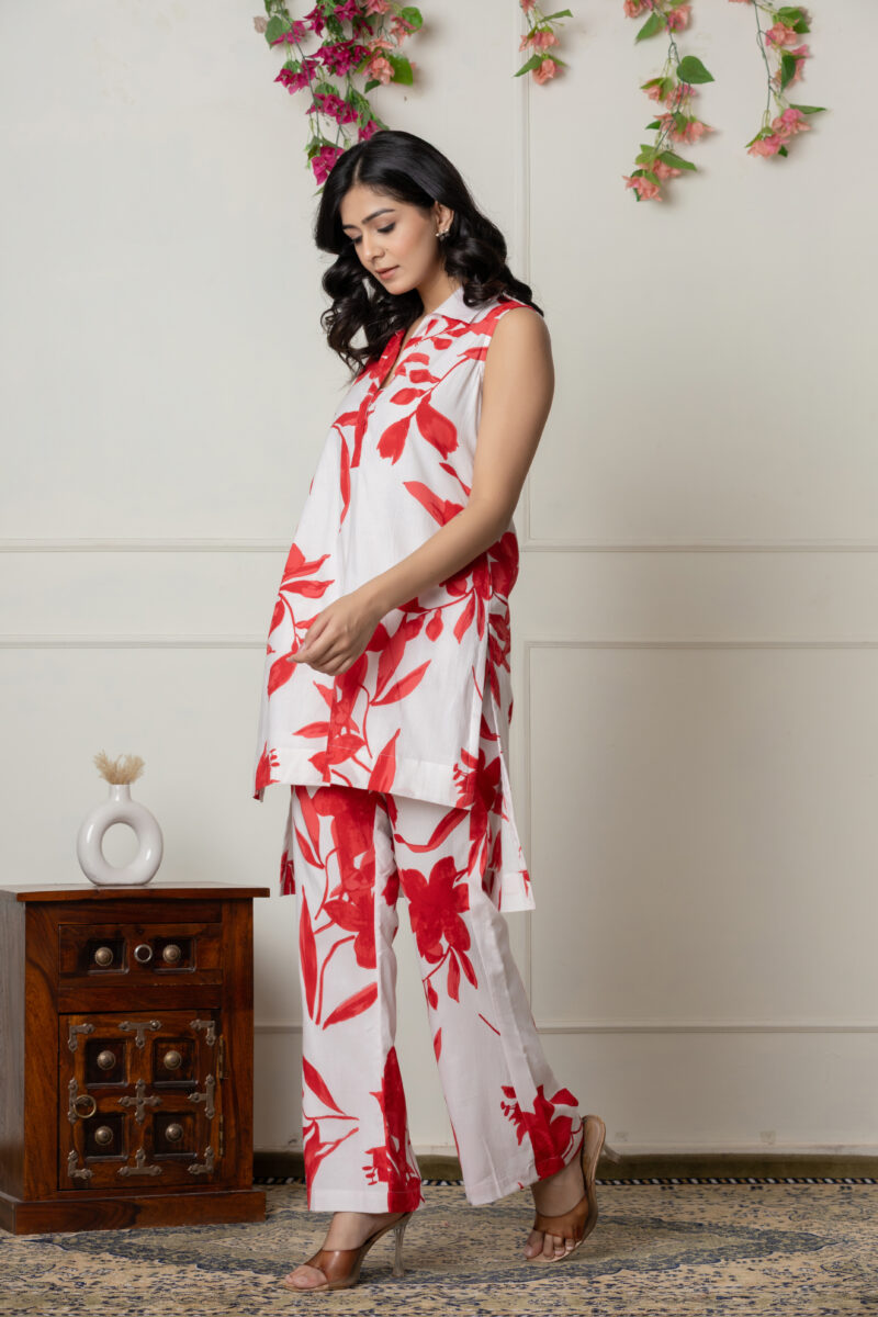 Red & White Floral Printed Sleeveless Co-Ord Set - Image 5