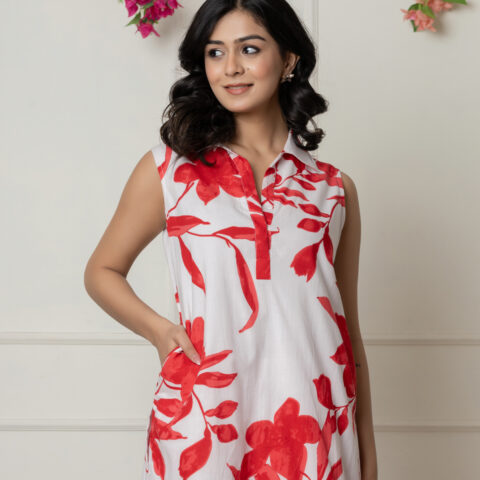 Red & White Floral Printed Sleeveless Co-Ord Set