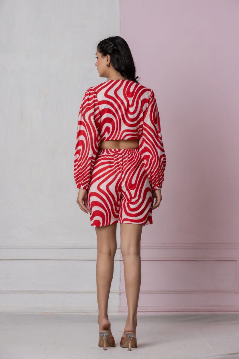 Red & White Swirl Print Cotton Short Dress with Lace Neck Detailing - Image 7