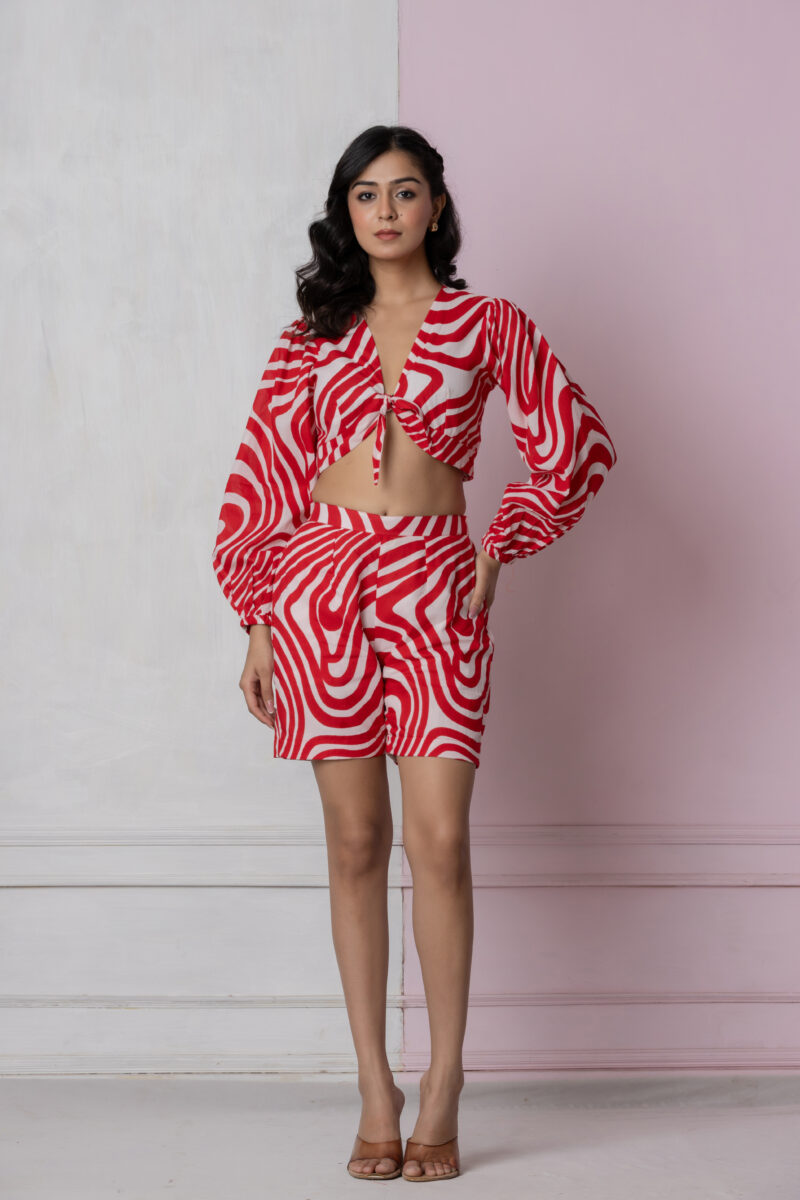 Red & White Swirl Print Cotton Short Dress with Lace Neck Detailing - Image 6