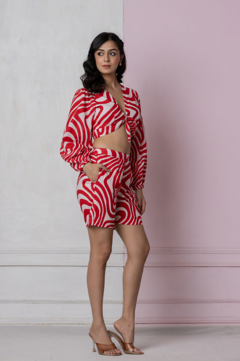Red & White Swirl Print Cotton Short Dress with Lace Neck Detailing - Image 4