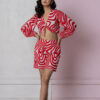 Red & White Swirl Print Cotton Short Dress with Lace Neck Detailing