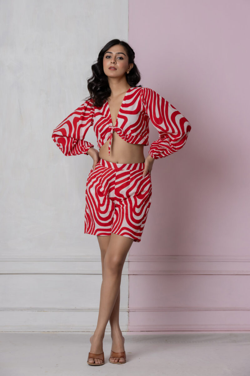 Red & White Swirl Print Cotton Short Dress with Lace Neck Detailing
