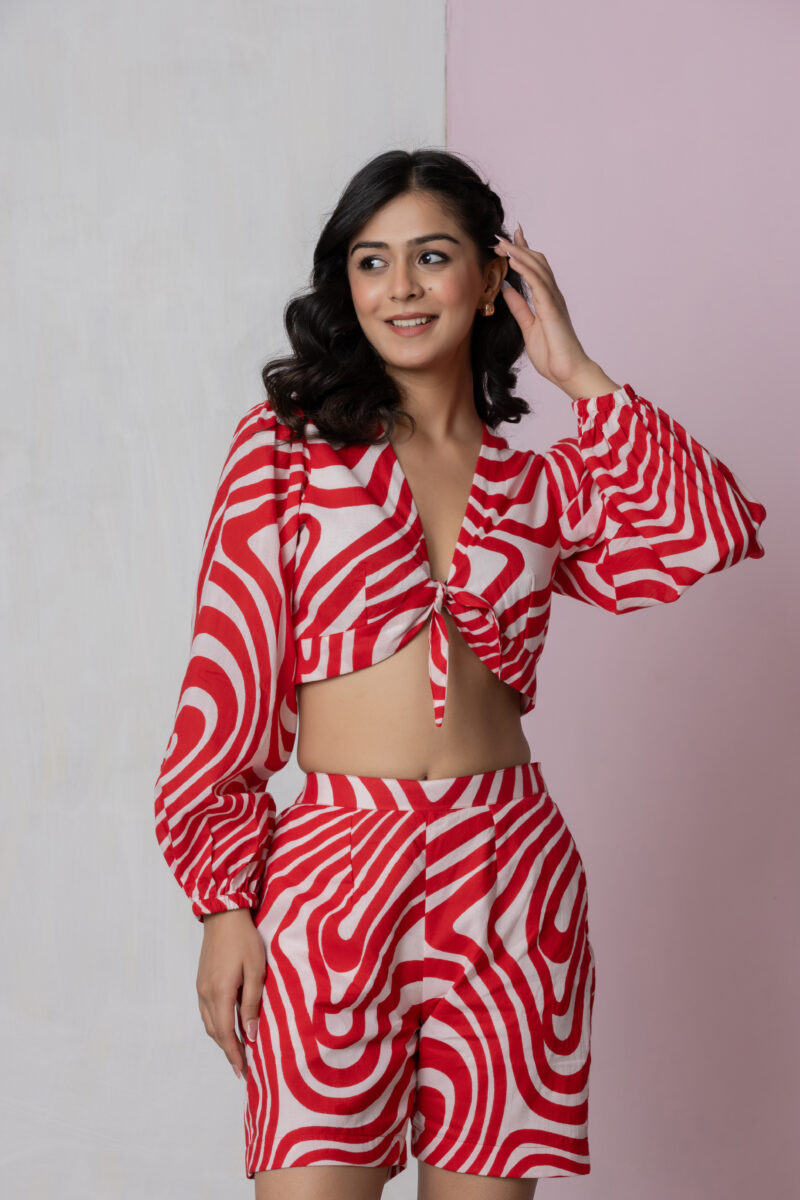 Red & White Swirl Print Cotton Short Dress with Lace Neck Detailing - Image 3